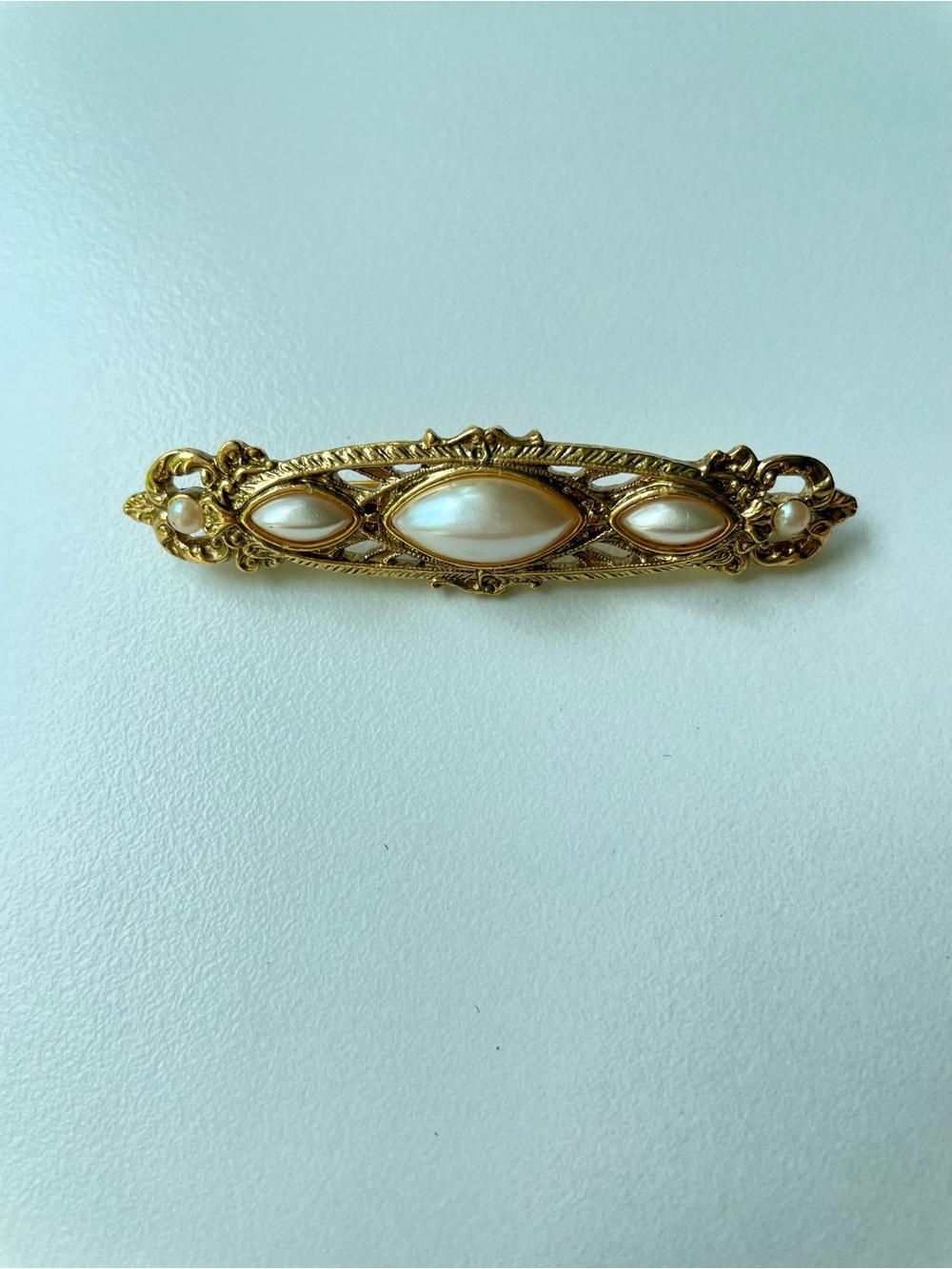 1928 Gold Tone Filigree Brooch with Faux Pearl Cabochons Back Clasp Cottagecore